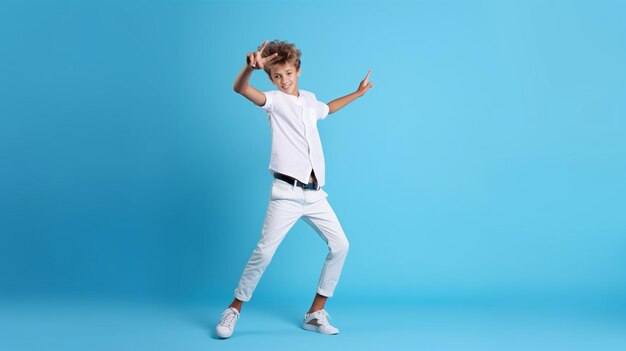 full length photo of handsome young man dancing dance dance wear blue jeans pants isolated on color background