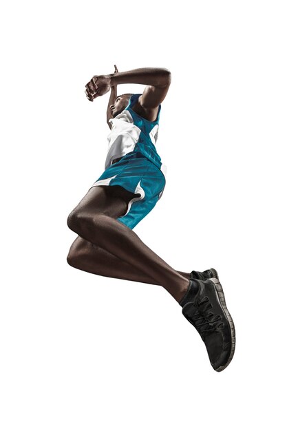 Full length portrait of a basketball player with a ball isolated on white studio background. advertising concept