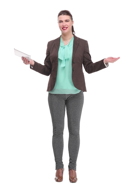 A full length portrait of a beautiful businesswoman with tablet