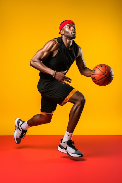 Full length portrait of black man in red shirt black cap and grey shorts playing basketball Studio yellow background