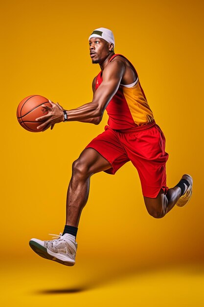 Full length portrait of black man in red shirt black cap and grey shorts playing basketball Studio yellow background