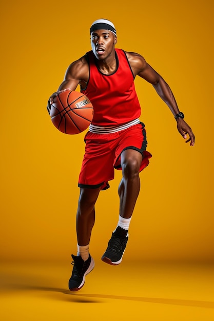 Full length portrait of black man in red shirt black cap and grey shorts playing basketball studio yellow background