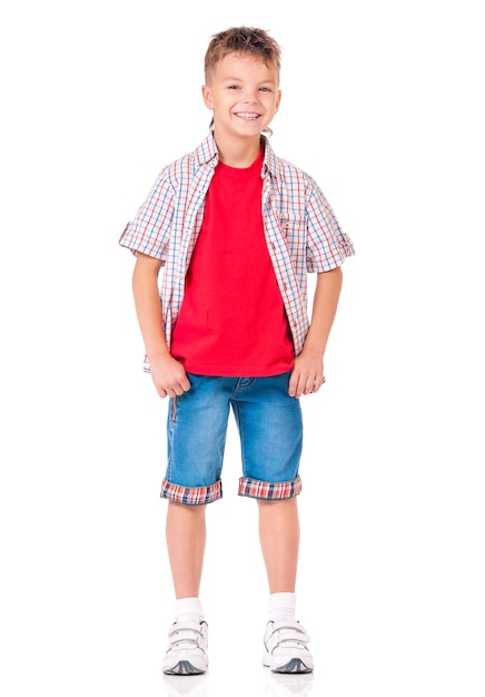 Full length portrait of boy isolated on white background