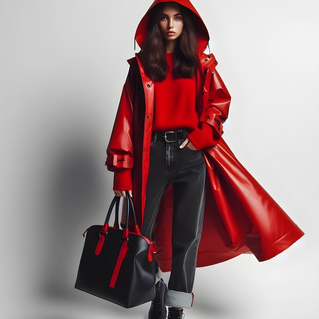 A full length portrait of a bright fashionable girl in a red raincoat with black bag posing on white