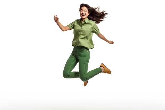 Full length portrait of a cheerful girl with long dark hair jumping over yellow background looking