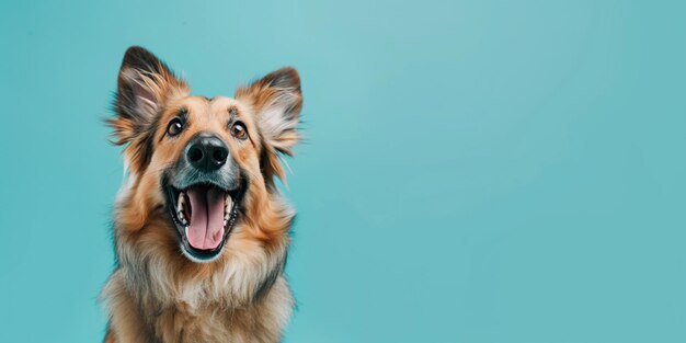 Full length portrait of an excited shepherd dog on a solid pastel blue background