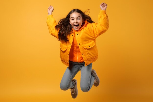 Full length portrait of an excited young woman jumping isolated over orange background