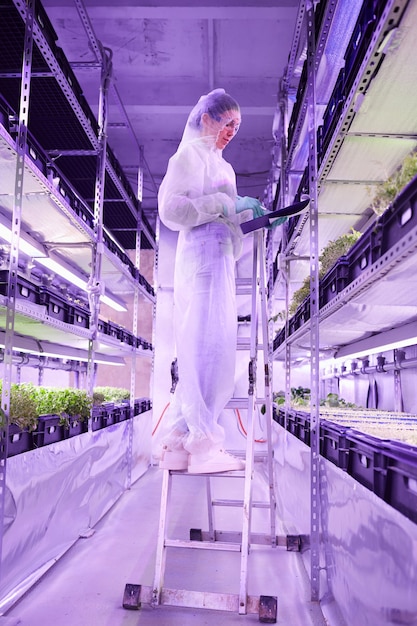 Full length portrait of female scientist holding clipboard while examining plants in nursery greenhouse or laboratory, copy space