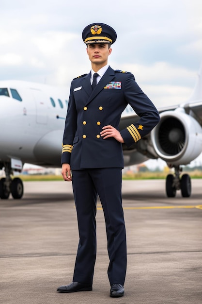 飛行機の前に立つハンサムな若いパイロットの全身肖像画