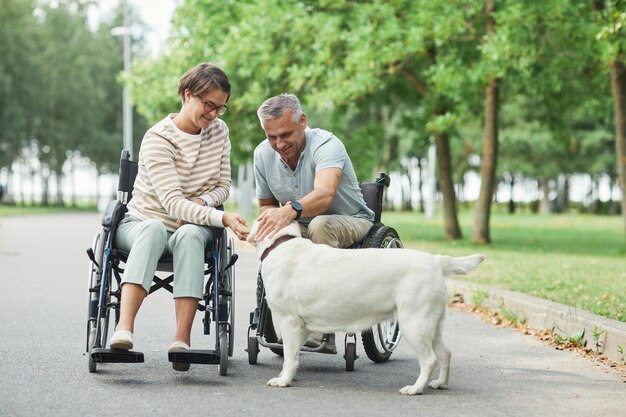 屋外の公園で犬をかわいがって車椅子で幸せなカップルの完全な長さの肖像画、コピースペース