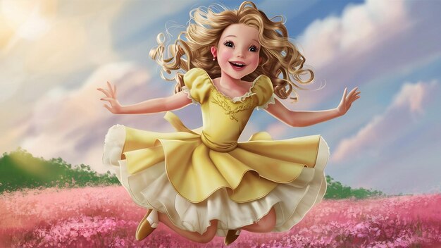 Full length portrait of happy exited pretty girl in elegant yellow dress while jumping over pink