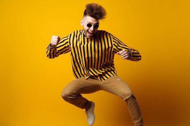 Full length portrait of a happy young man jumping isolated over yellow background