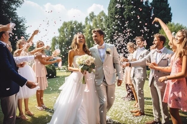 full length portrait of newlywed couple and their friends at the wedding party showered with