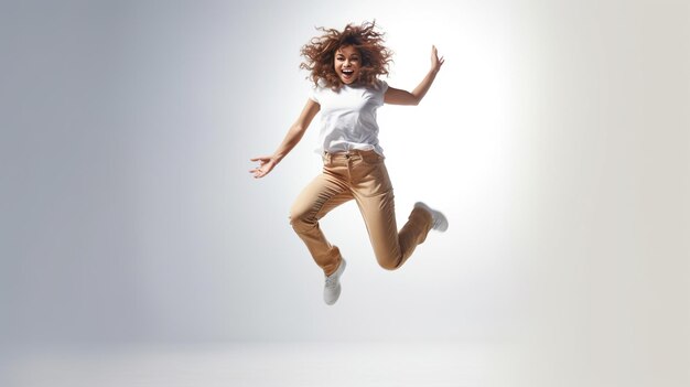 Photo full length portrait of a pretty joyful woman jumping isolated over white background