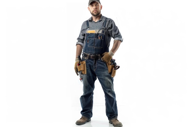 Full length portrait of a repairman with a tool belt and a uniform isolated on white background