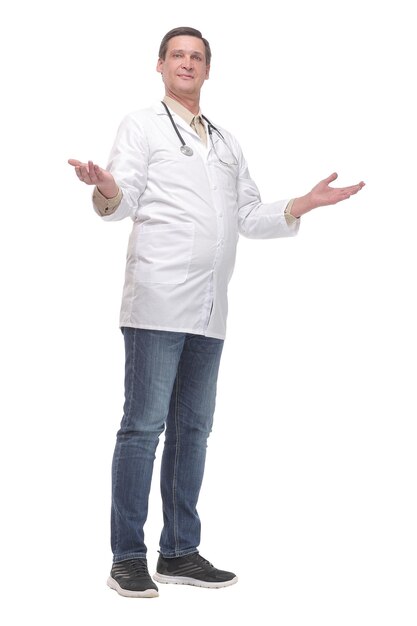 Full length portrait of smiling mid adult doctor giving presentation