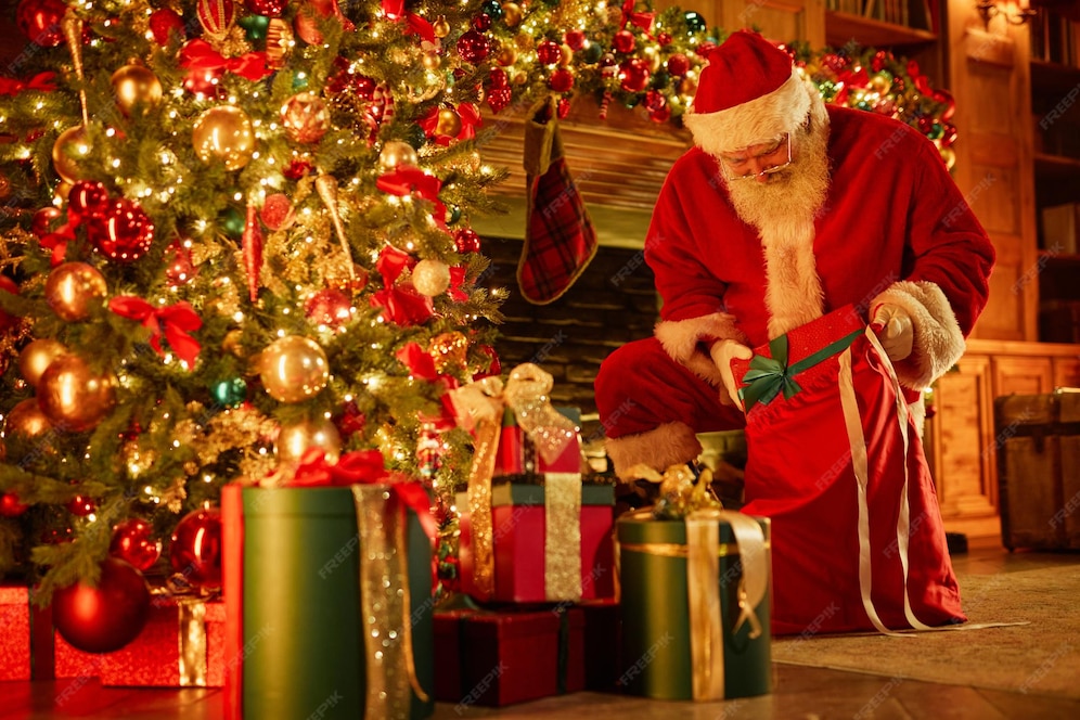 Premium Photo  Full length portrait of traditional santa claus putting presents under christmas 