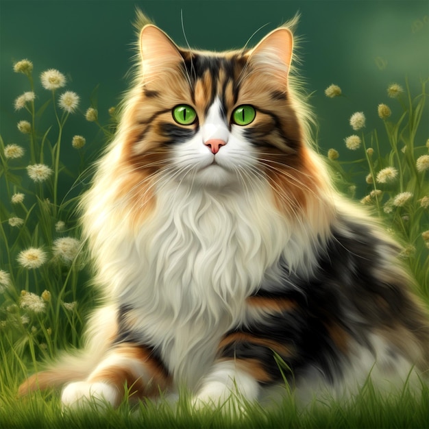 Полный портрет трехцветного кота с зелеными глазами, мех кота очень детализирован