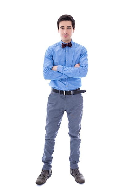 Full length portrait of young handsome man isolated on white background