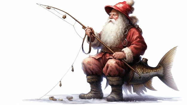 Full length profile shot of santa claus with a carp fish Generative ai