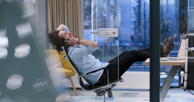 Full length of a relaxed casual young businessman sitting with legs on desk at office