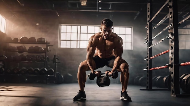 Full length of shirtless sportsman doing squat exercise with hexagon dumbbell during intense functio