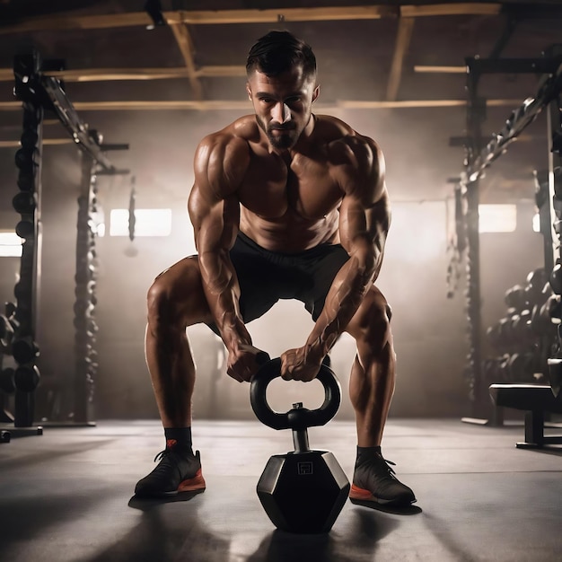 Full length of shirtless sportsman doing squat exercise with hexagon dumbbell during intense functio