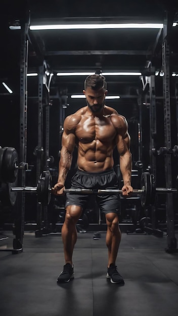 Full length of shirtless sportsman doing squat exercise with hexagon dumbbell during intense functio