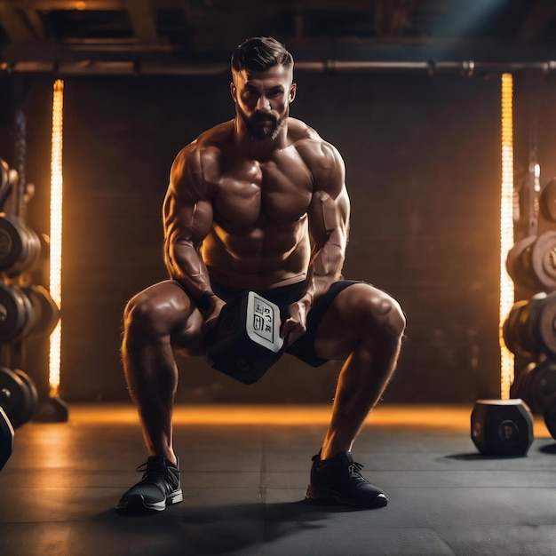 Full length of shirtless sportsman doing squat exercise with hexagon dumbbell during intense functio