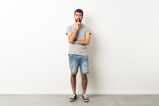 A full length shot of handsome man with beard showing a sign of silence gesture putting finger in mouth