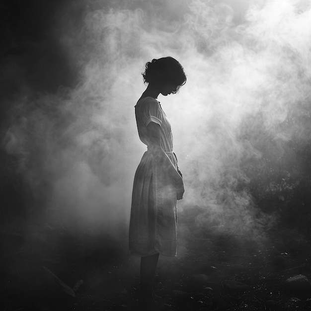 a full length shot of a woman in a linen dress standing in the mist black and white photograph dar