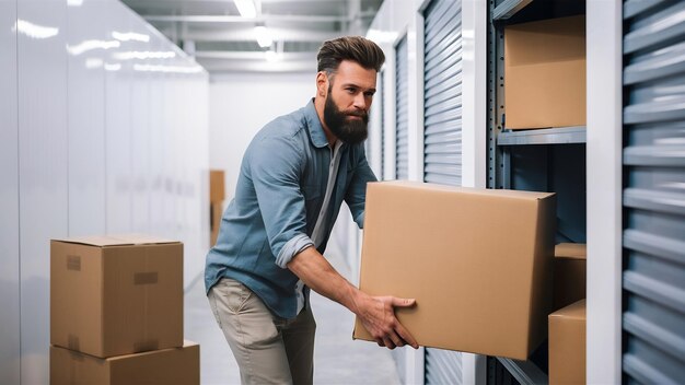 full length side view at handsome bearded man loading cart with cardboard boxes into self storage u