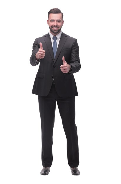 Full length smiling businessman showing thumbs up