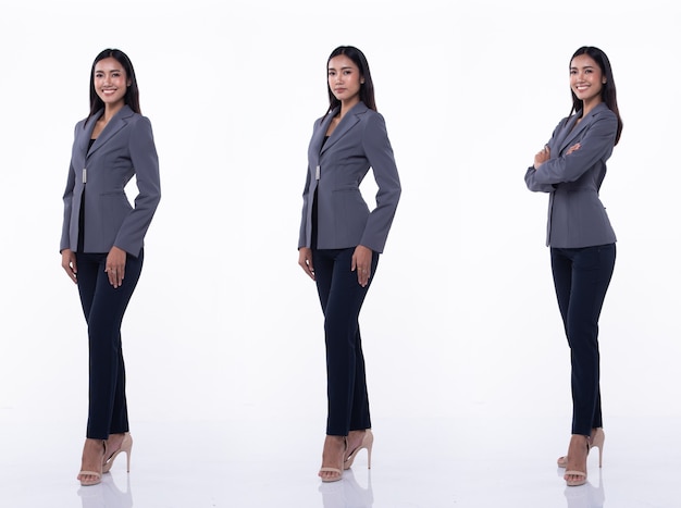 Full Length Snap Figure, Asian Business Woman Stand in Blue Formal proper Suit pants and high heel shoes, studio lighting white background isolated, Lawyer Boss act posing group collage