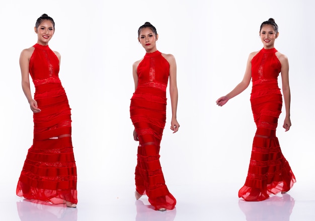 Full Length Snap Figure, Asian Woman Transgender wears Red Sexy Long Gown dress black hair and acts walk many poses directions forward left, studio lighting white background isolated collage group