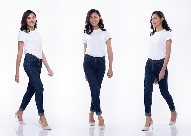 Photo full length snap figure, asian woman wear casual white shirt blue jean, she 20s walks and acts in many poses direction on high heel shoes, studio lighting white background isolated collage group