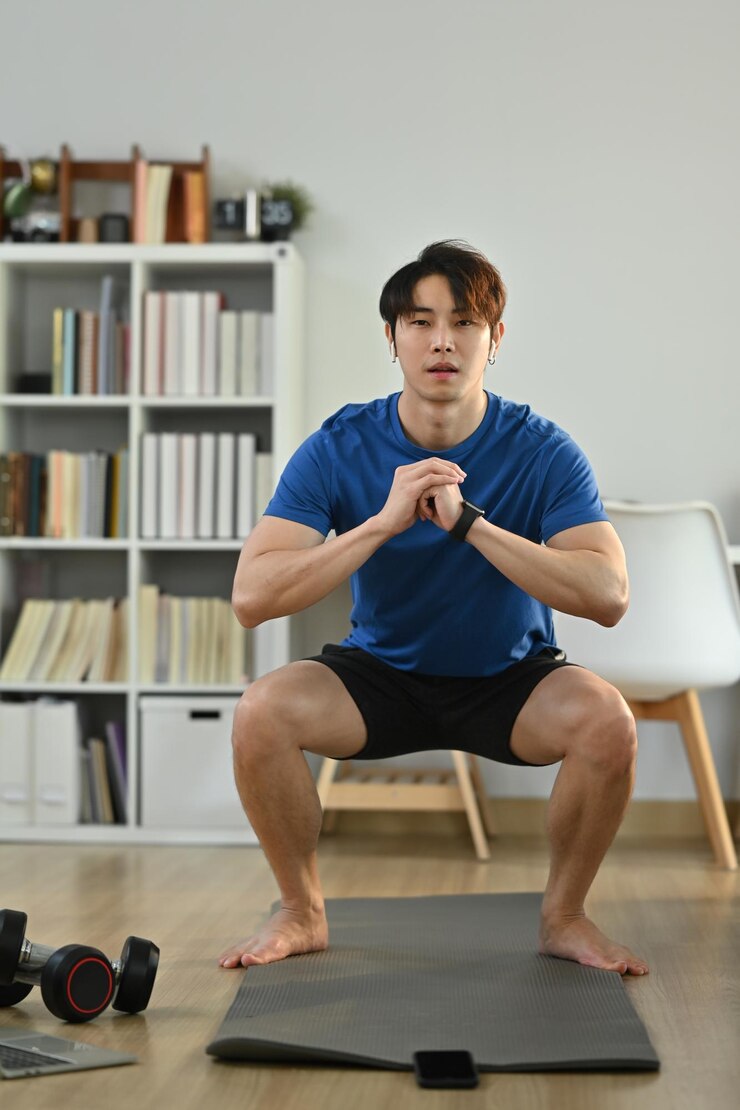 朝、自宅でスクワット運動を行うスポーティな男性の全長健康的なライフスタイルのコンセプト