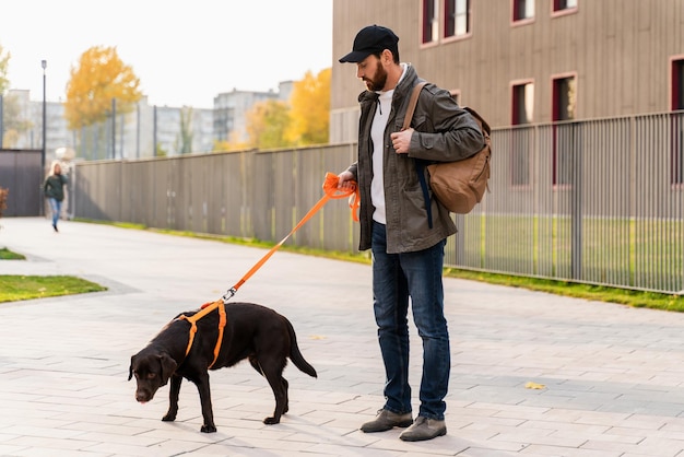 갈색 머리 남자의 전체 길이 보기는 햇볕이 잘 드는 거리에서 걷는 아침 동안 참을성이 없는 개에게 명령을 내리고 있습니다