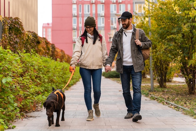 お互いに手をつないで幸せを感じながら街の通りで犬と一緒に歩く愛のロマンチックなカップルの完全な長さのビュー