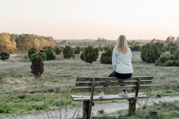 Photo full length of woman looking at view while sitting on bench during sunset