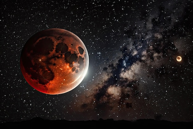 Full lunar eclipse over Utila Honduras Close up and wide angle shot