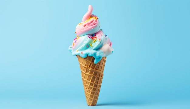青い背景の上で完全に溶けるカラフルなアイスクリームコーン