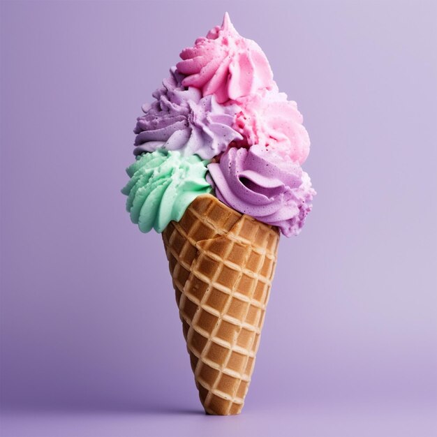 Full melting colorful ice cream cone on pestal background