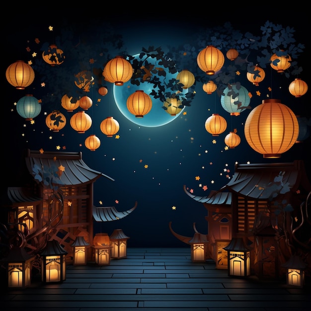 full moon backdrop with lanterns