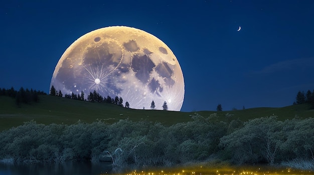 夜の森に月が輝く満月の美しい風景