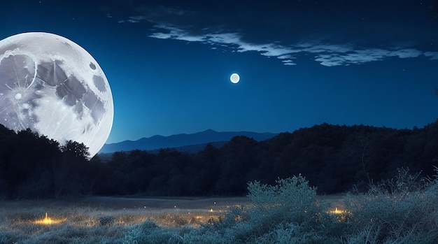 Full moon beautiful landscape with glowing moon at night forest