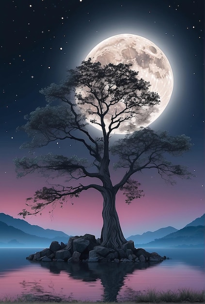 Foto la luna piena sul bellissimo cielo con albero