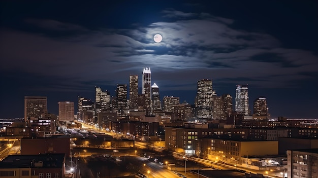 Foto una luna piena sopra una città con un paesaggio urbano sullo sfondo.