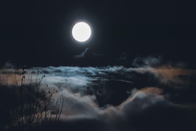 Full moon over clouds and fog in night sky nebulous blurry\
landscape