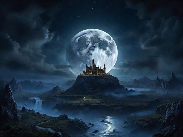 Photo full moon in dark fantasy landscape